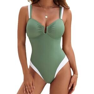 Womens L One Piece Swimsuit Sexy U Wire Slimming Tummy Control Retro Green NEW
